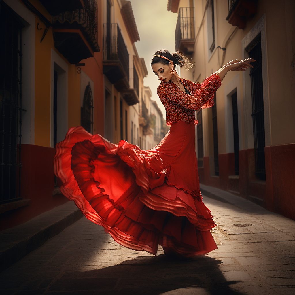 Una mujer española bailando flamenco con gracia y pasión en las pintorescas calles de España