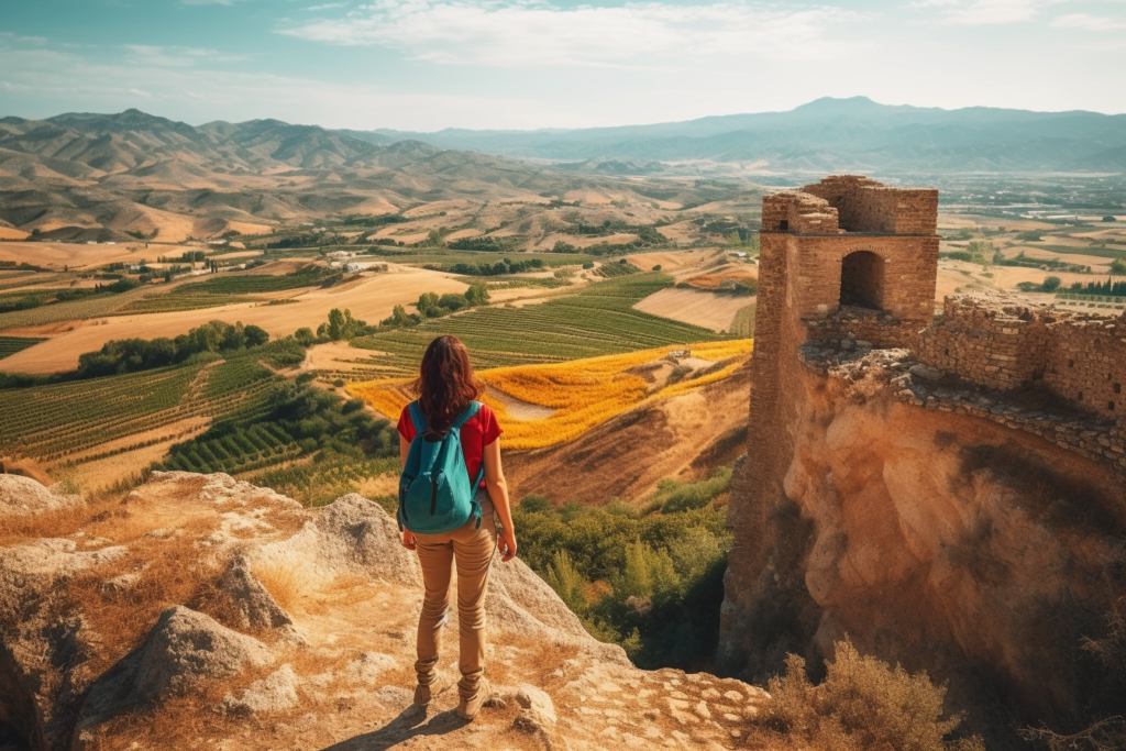 Viajera explorando las antiguas ruinas de Andalucía, rodeada de un paisaje pintoresco